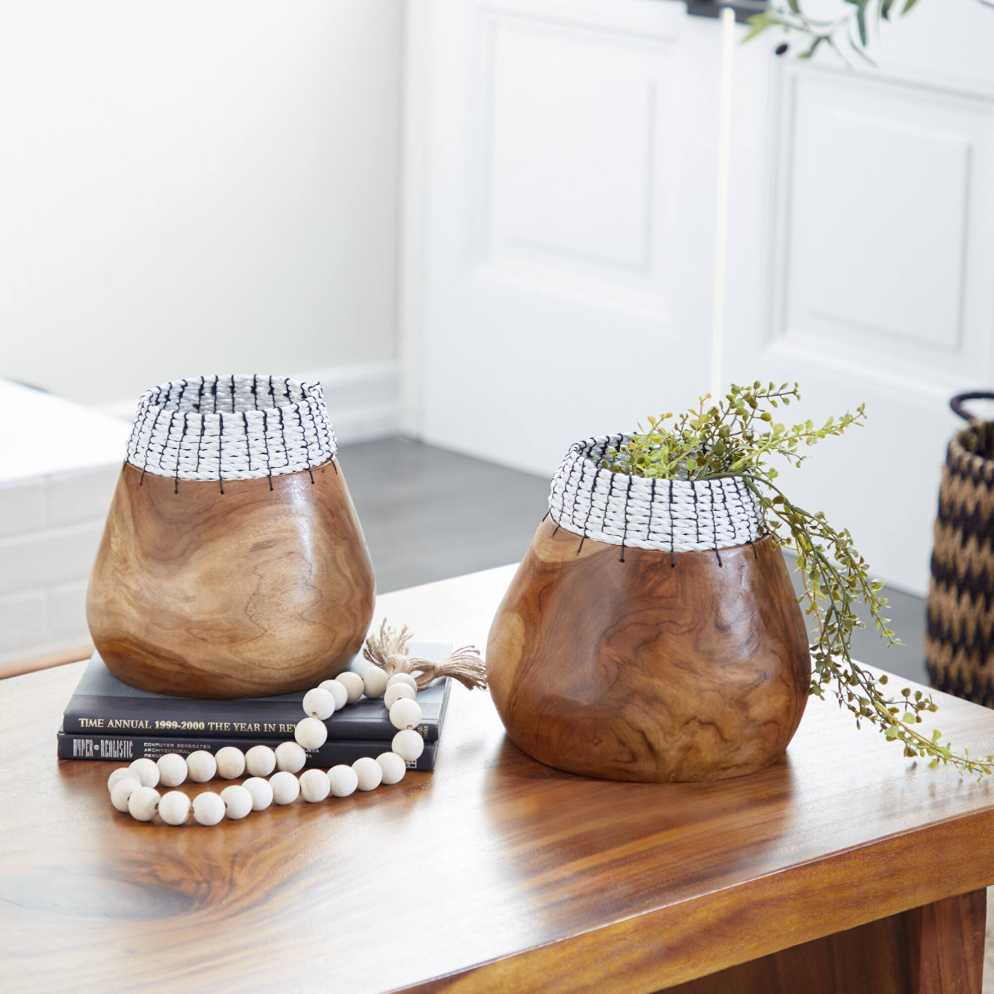 Set of 2" White Teak Wood Natural Decorative Bowls 9", 9"